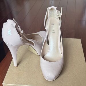 GUESS Pale Pink Patent Peep-Toe Ankle Strap Stilettos